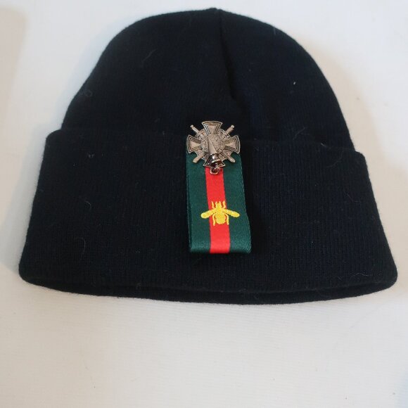 NWT Womens Tina Demel Black Knit Beanie Hat W/"Order Of Merit Of Italian Rep" OS - Picture 1 of 6